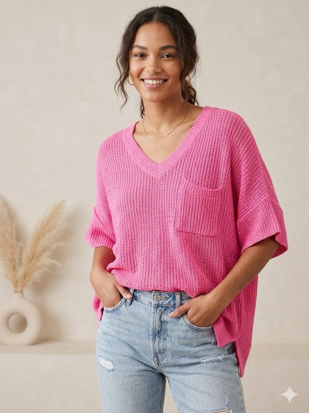 Pink Lily hot pink knit slouchy sweater top